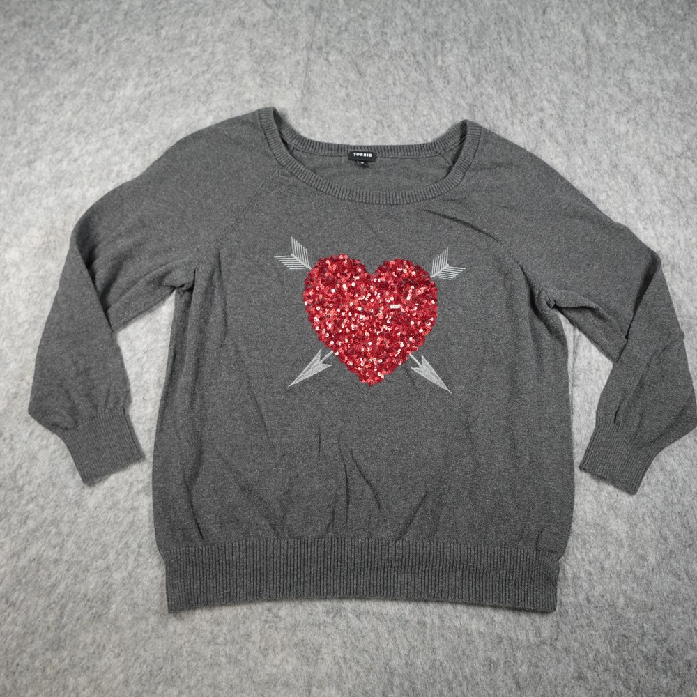 Torrid Sweater Women 2X Grey Sequin Heart Arrow Long Sleeve Cotton Knit